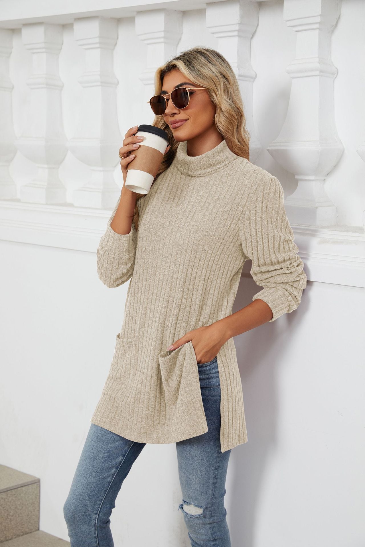 Half Turtleneck Loose Split Pocket T-shirt Top