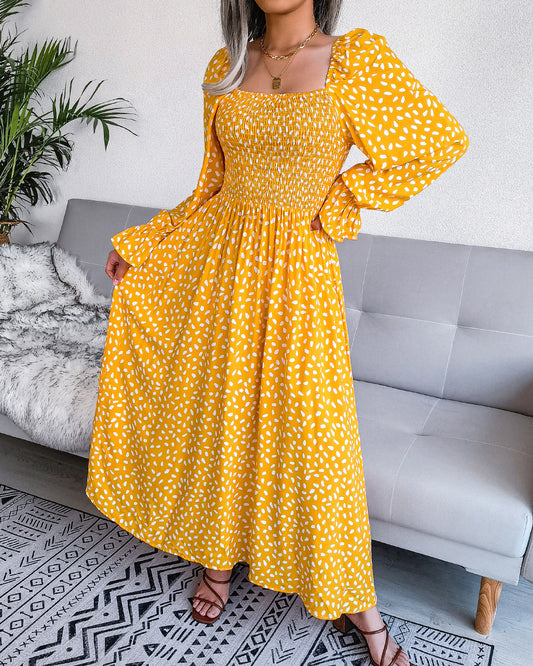 Dresses Pleated Maxi Square Neck Long Sleeve Casual Cotton