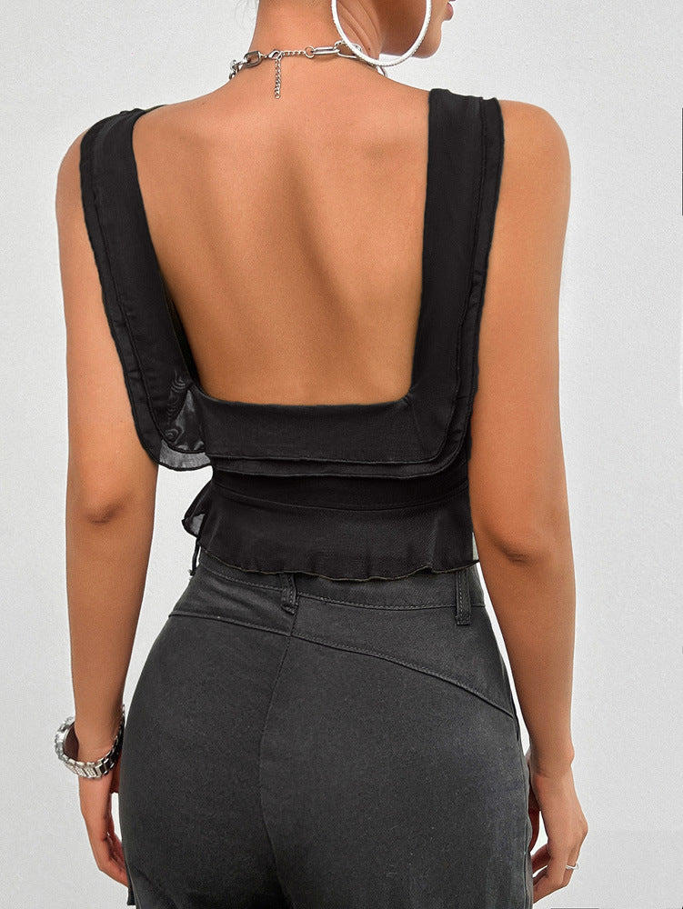 Solid Sleeveless U-neck Mesh Camisole Top