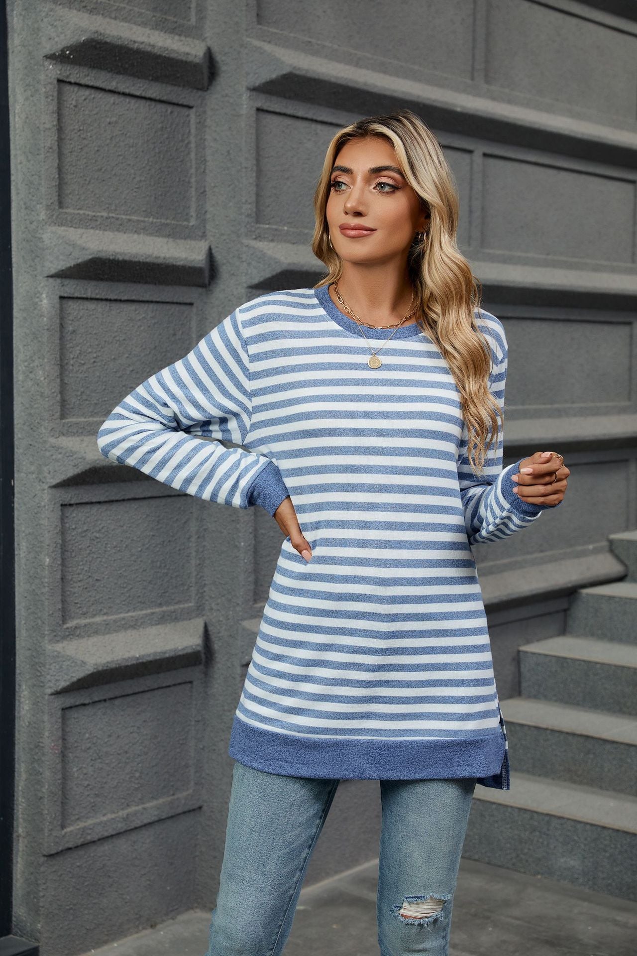 Striped Crew Neck Long Sleeves Loose