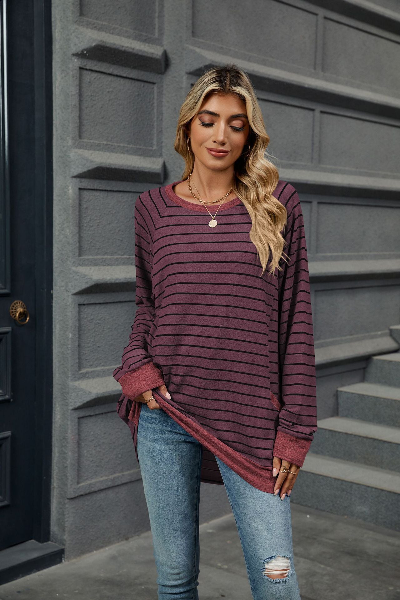 Striped Contrast Crew Neck Long Sleeve Pocket Sweater