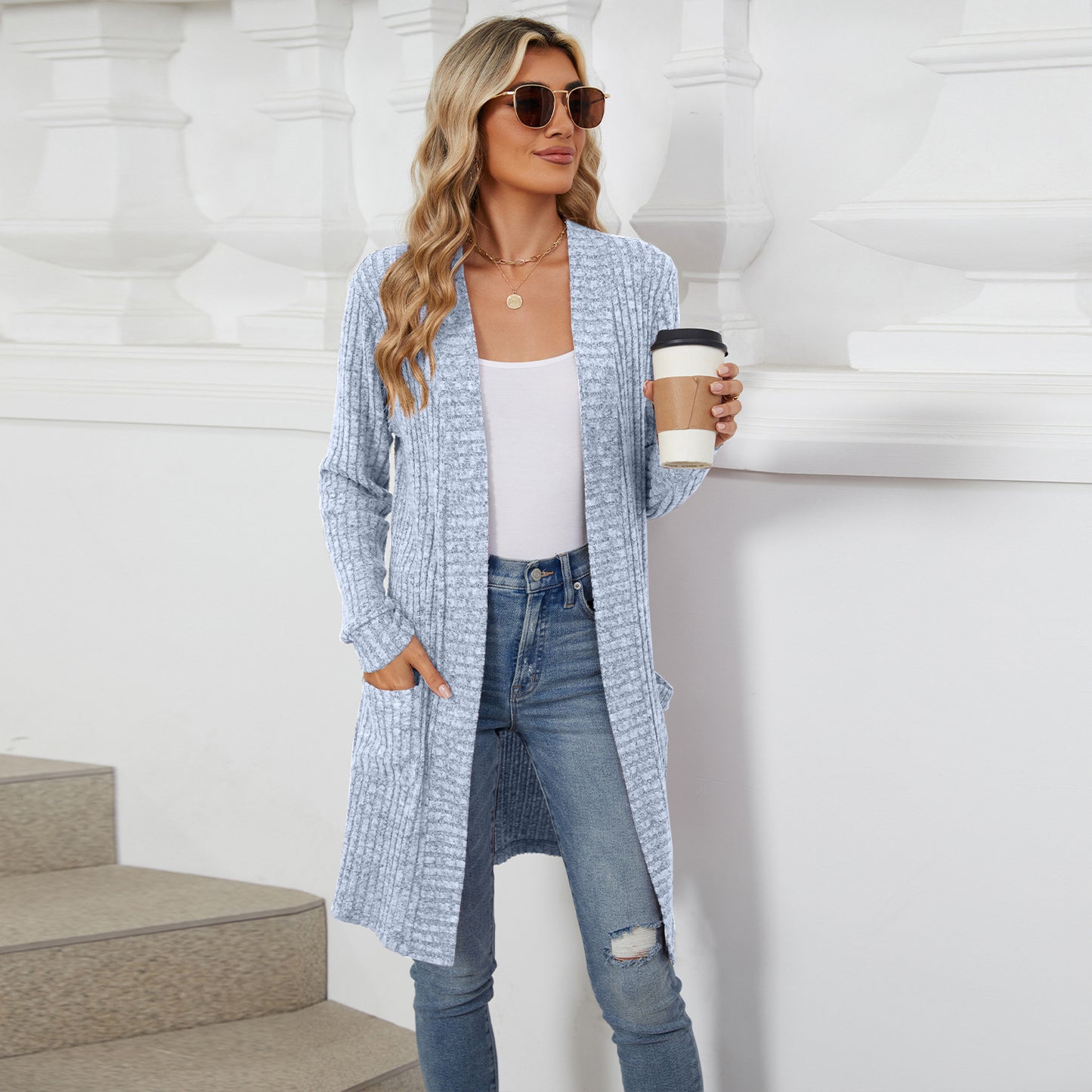 Long Solid Color Long-sleeved Loose Pocket Cardigan