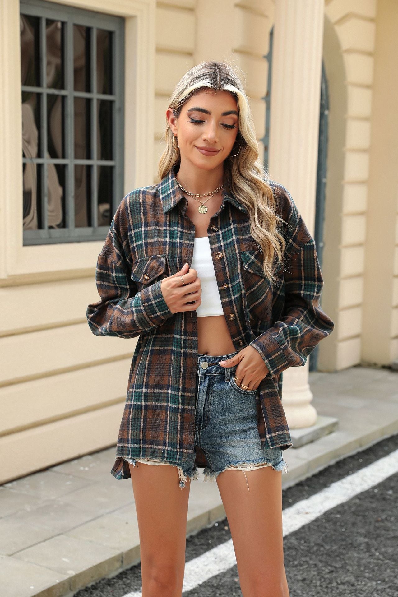 Lapel Pocket Loose Long Sleeve Plaid Shirt