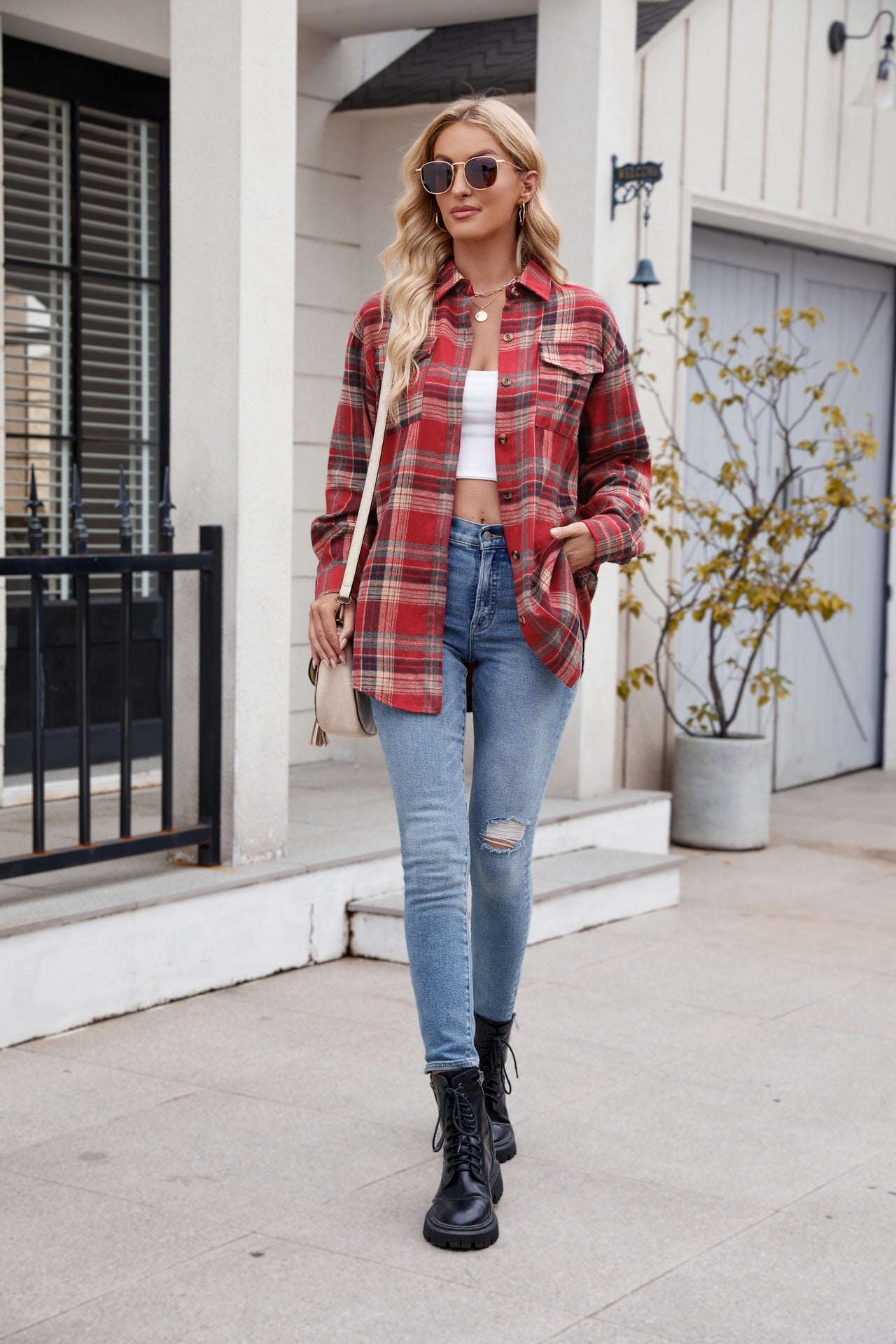 Women's  New Casual Fashion Loose Plaid Pocket Shirt