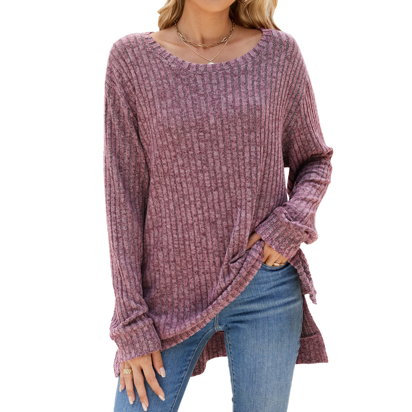 Crew Neck Loose Long-sleeved Split Top