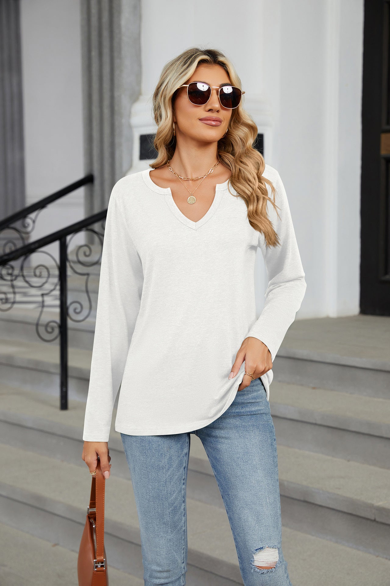 V-neck Long-sleeved Loose T-shirt Solid Color Top