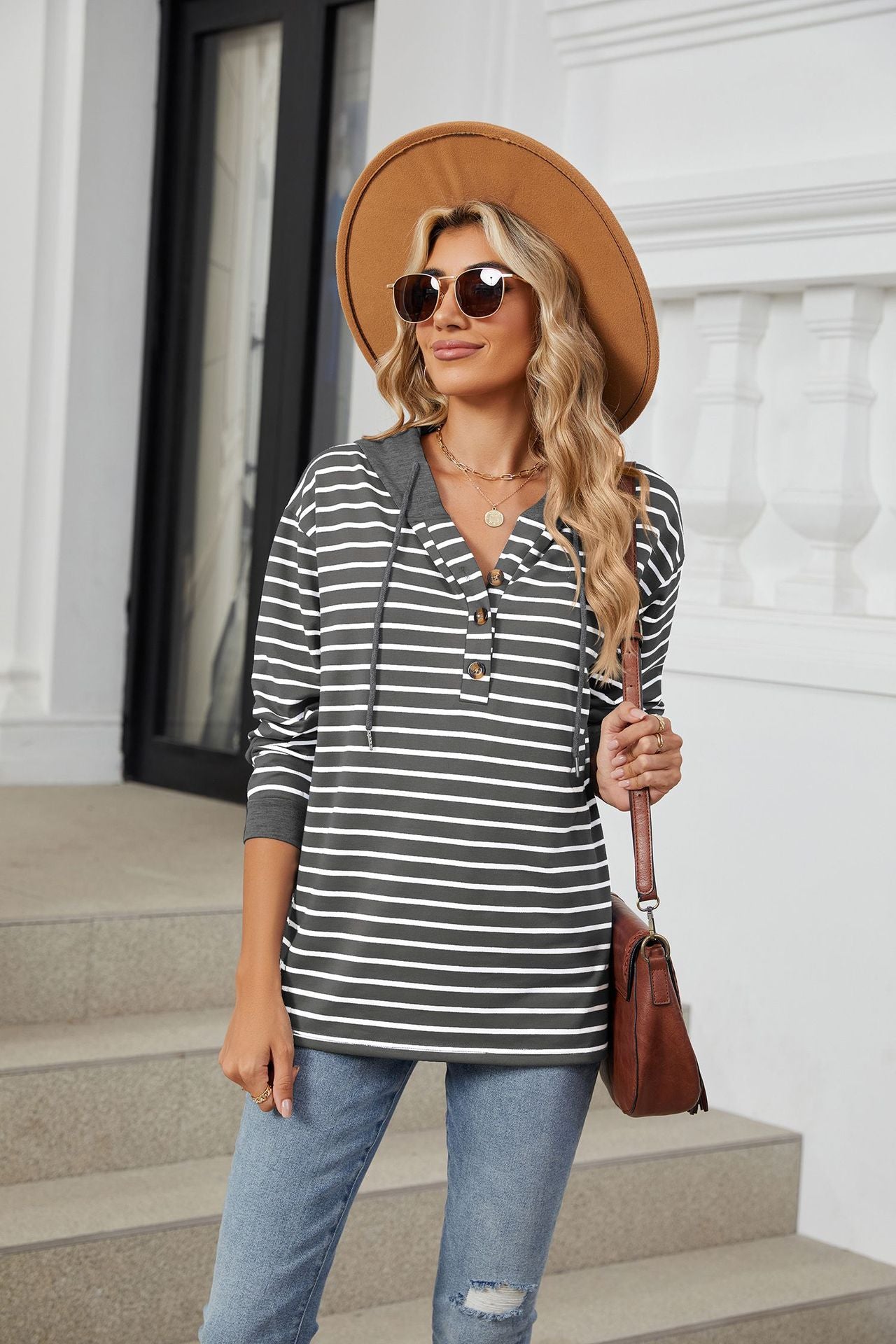 Striped Contrasting Splicing Hooded Long-sleeved Loose Sweater