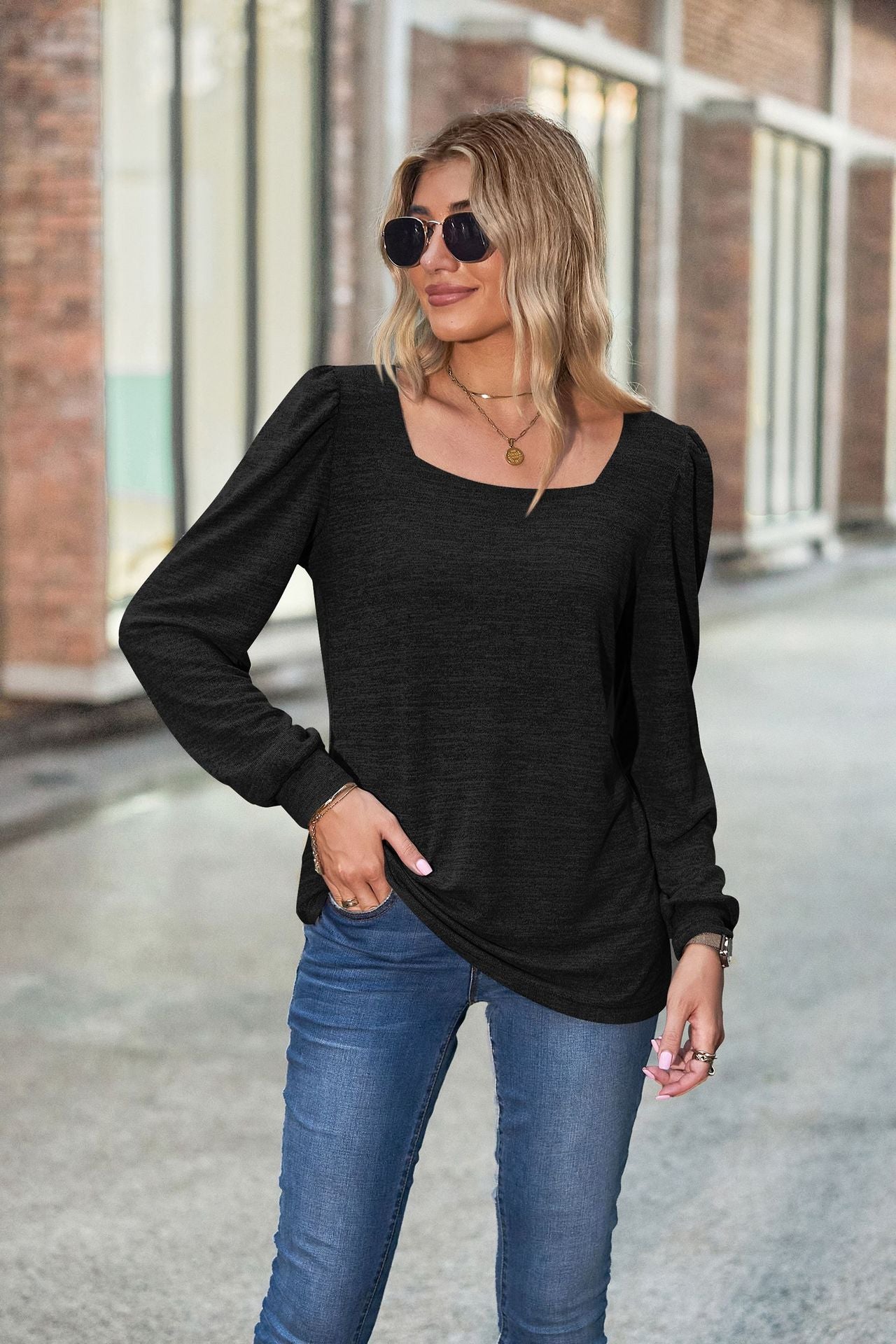 Loose Casual Bubble Sleeves Square Neck Long-sleeved T-shirt