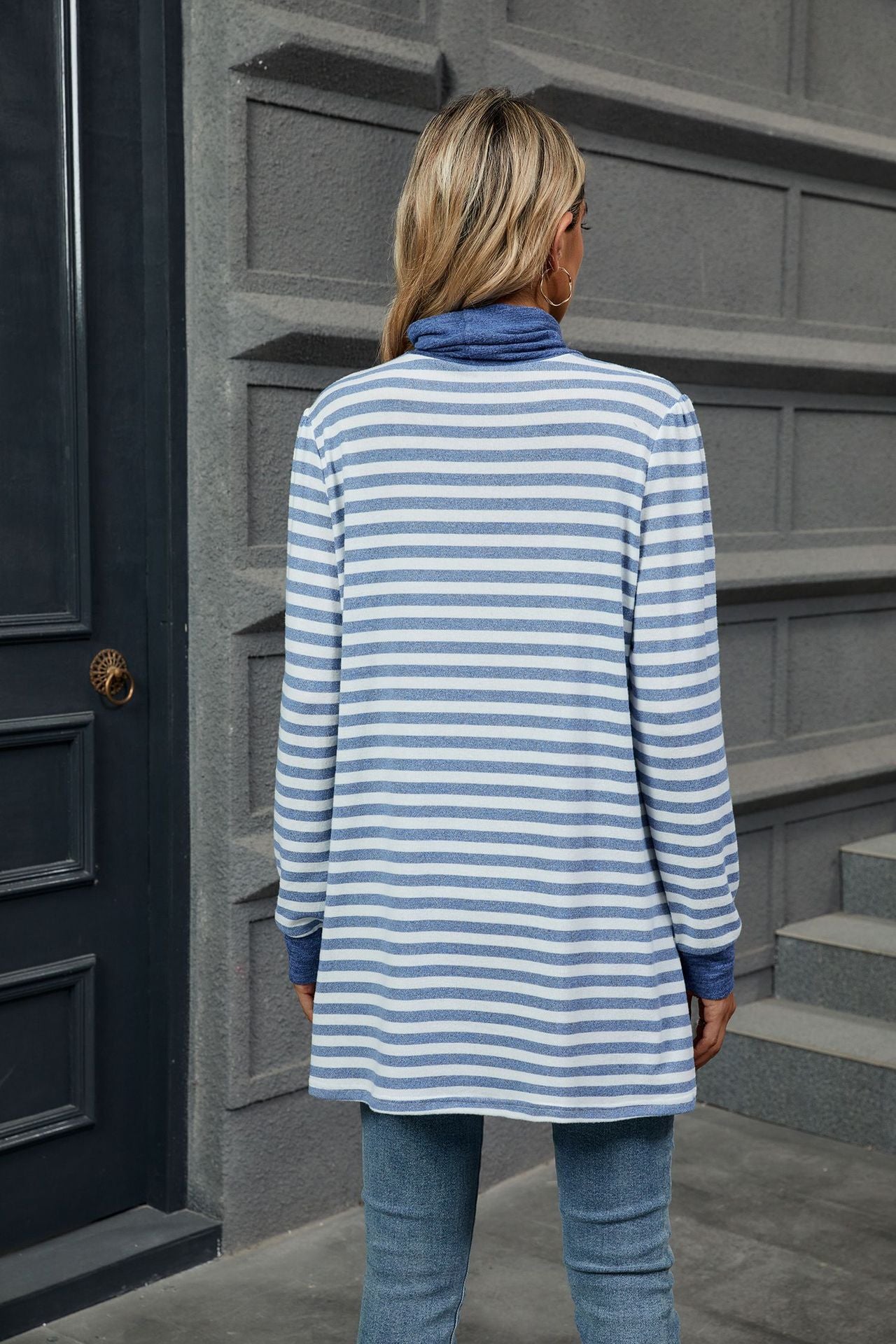 Stripes Contrast Loose Pockets High Neck Long Sleeves