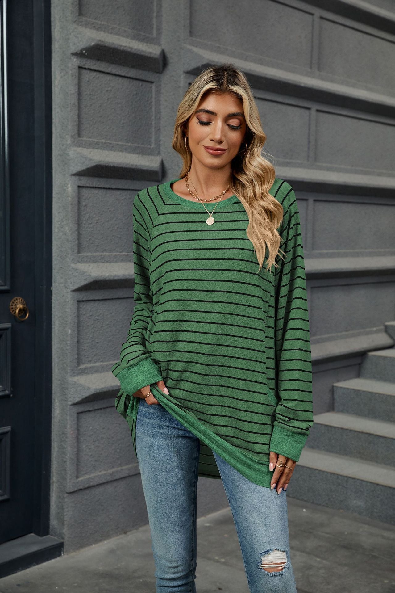 Striped Contrast Crew Neck Long Sleeve Pocket Sweater