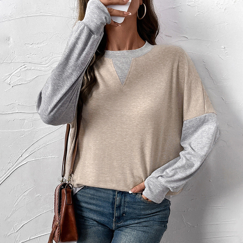 Crew Neck Contrasting Color Splicing Casual Loose Sweater