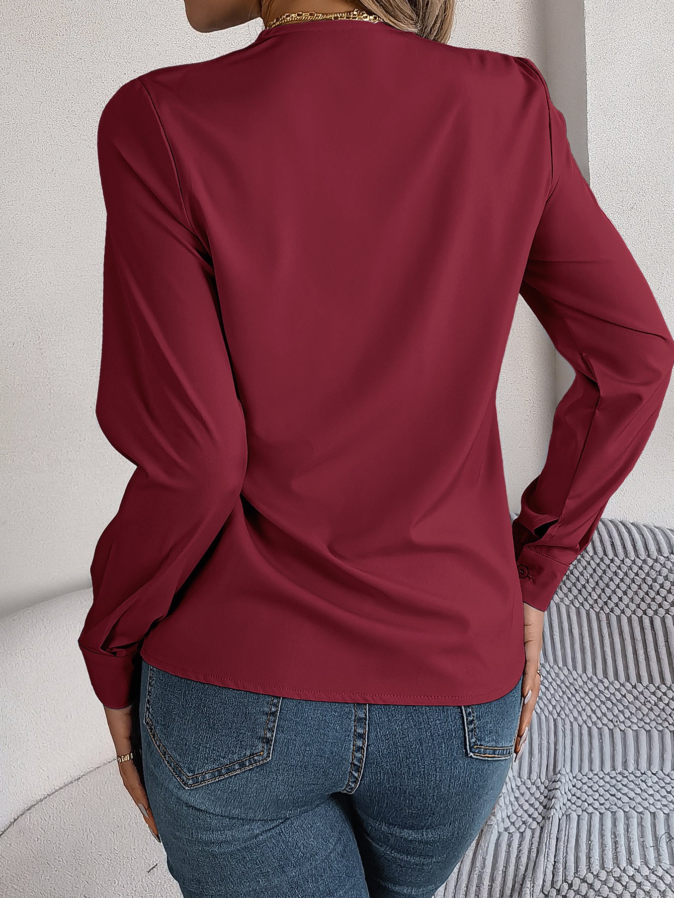 Long Sleeve Tops Pleated V Neck Dressy Casual Blouse Shirt Top