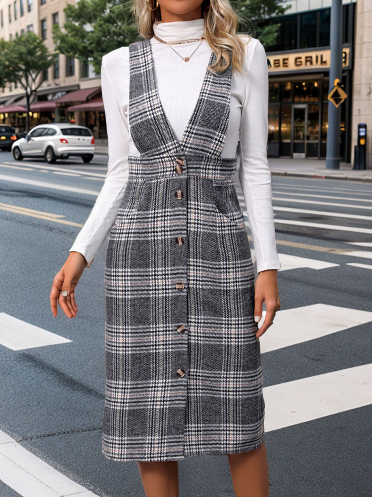 Autumn and Winter Solid Color Casual Plaid Strap Skirt