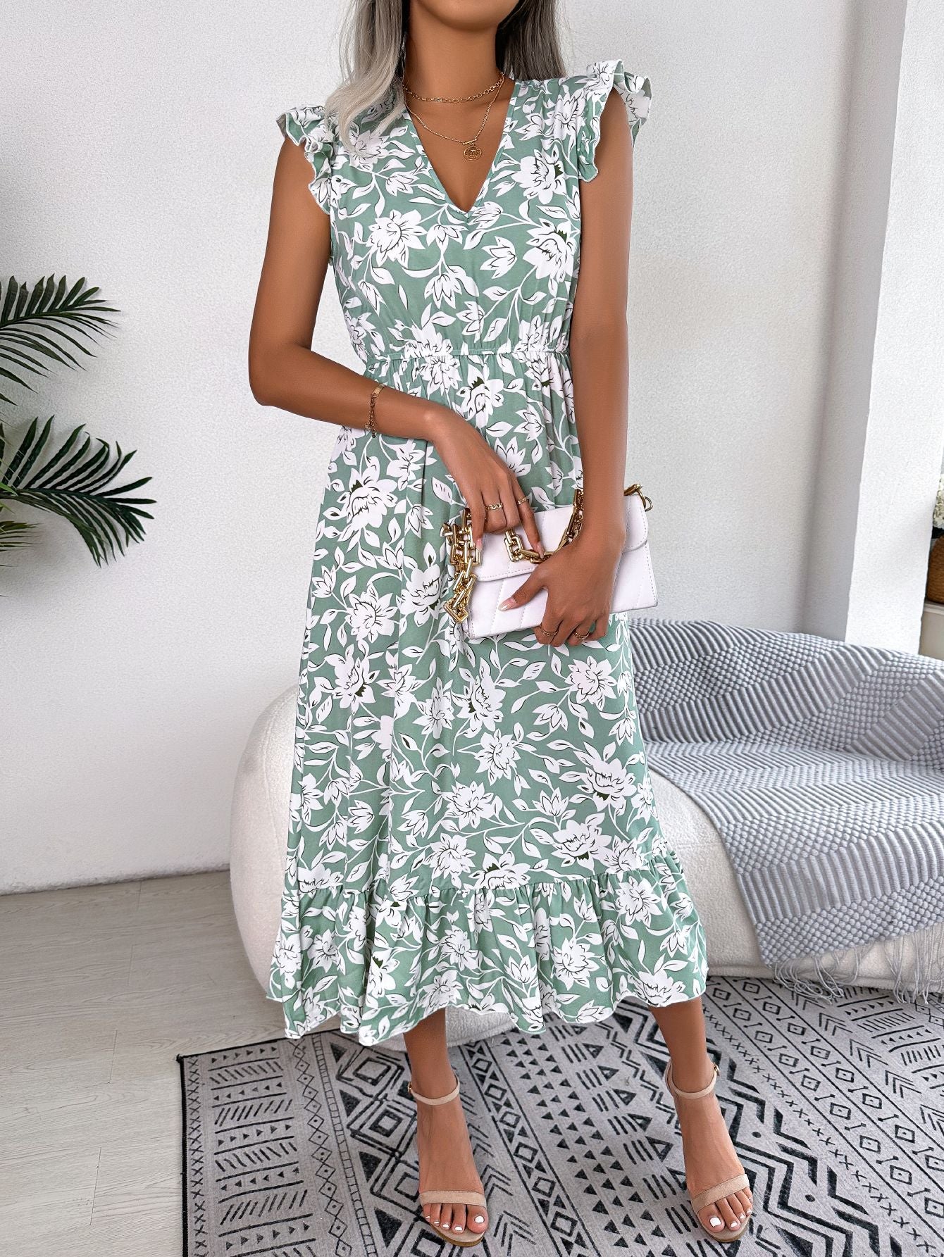 Casual Sleeveless V-Neck Hok Long Dresses Waist Maxi