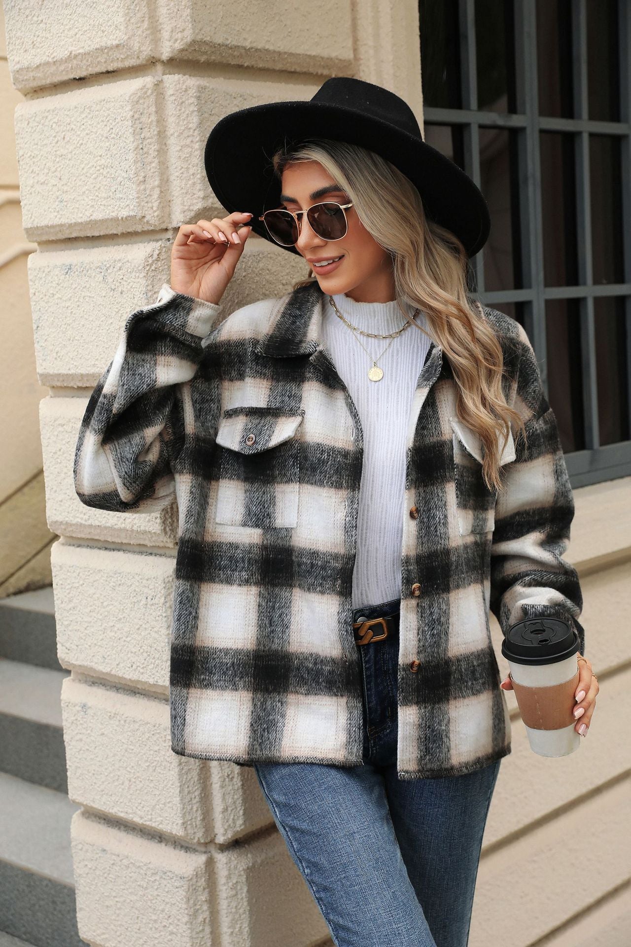 Lapel Plaid Long-sleeved Loose Woolen Jacket