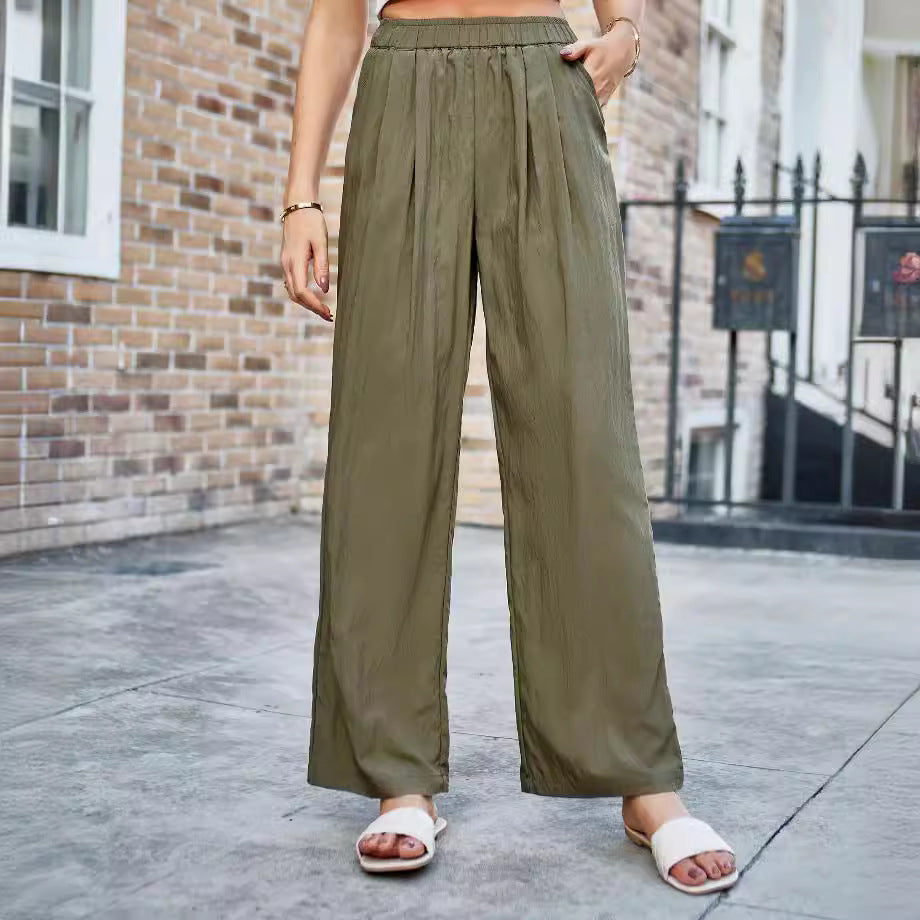 Women's Silk Pleated Elasticated High-rise Wide-leg Trousers