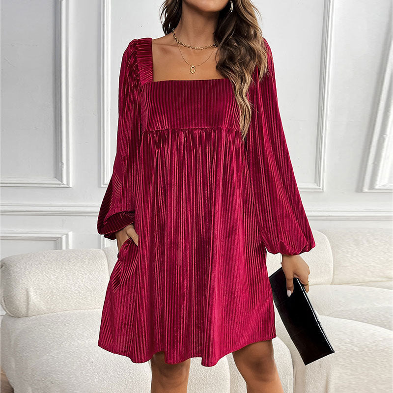 Women's Velvet Square Neck Solid Color Dress