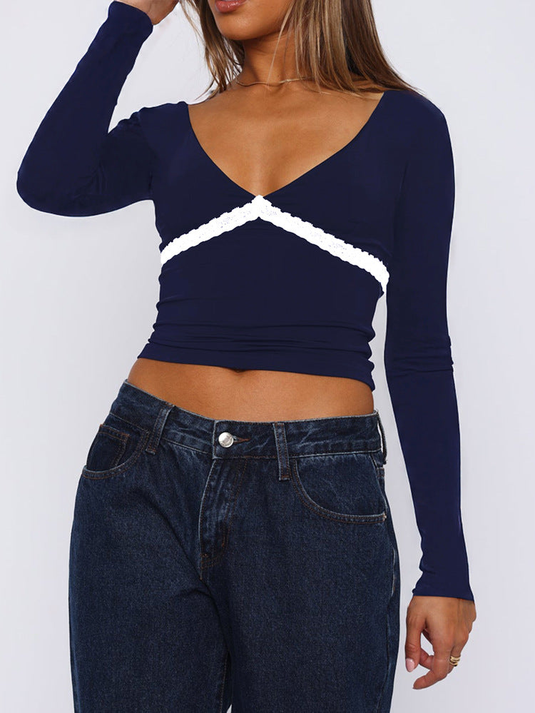 Deep V Neck Cross Wrap Top Long Sleeve T-Shirts