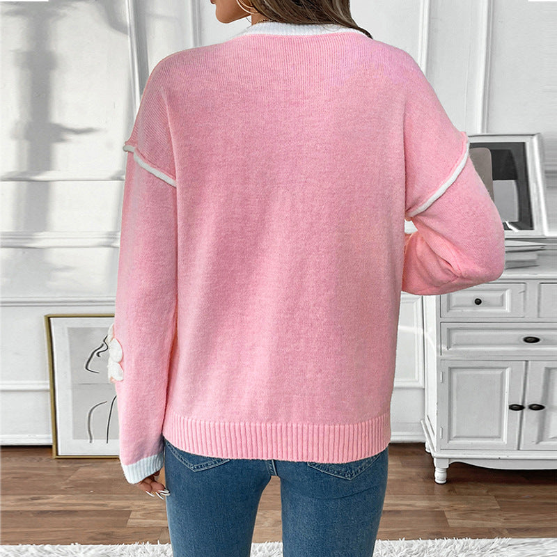 Women's Long Sleeve V-Neck Decal Pink Valentine's Day Sweater