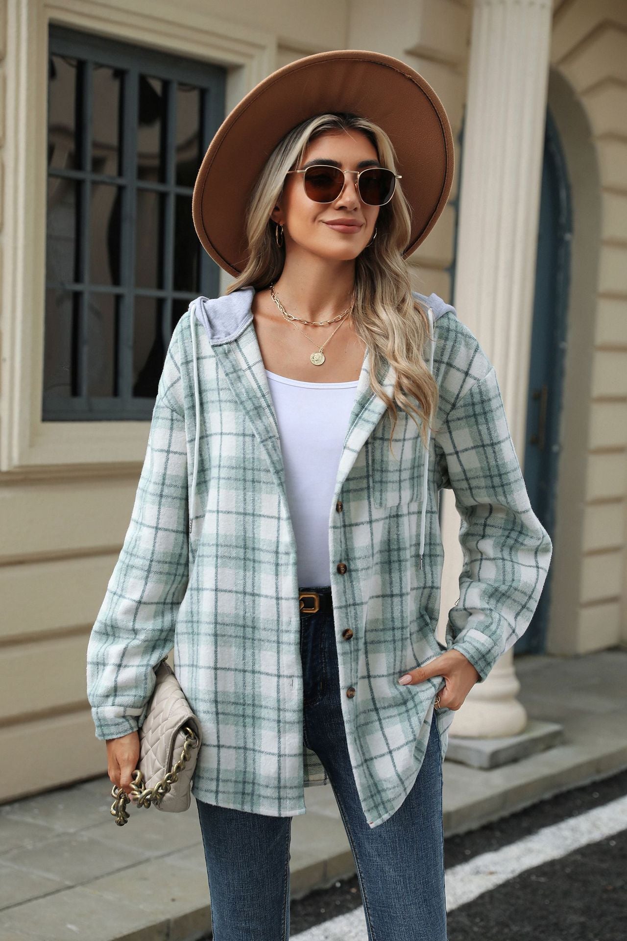 Plaid Contrast Hooded Long Sleeve Loose Wool Jacket