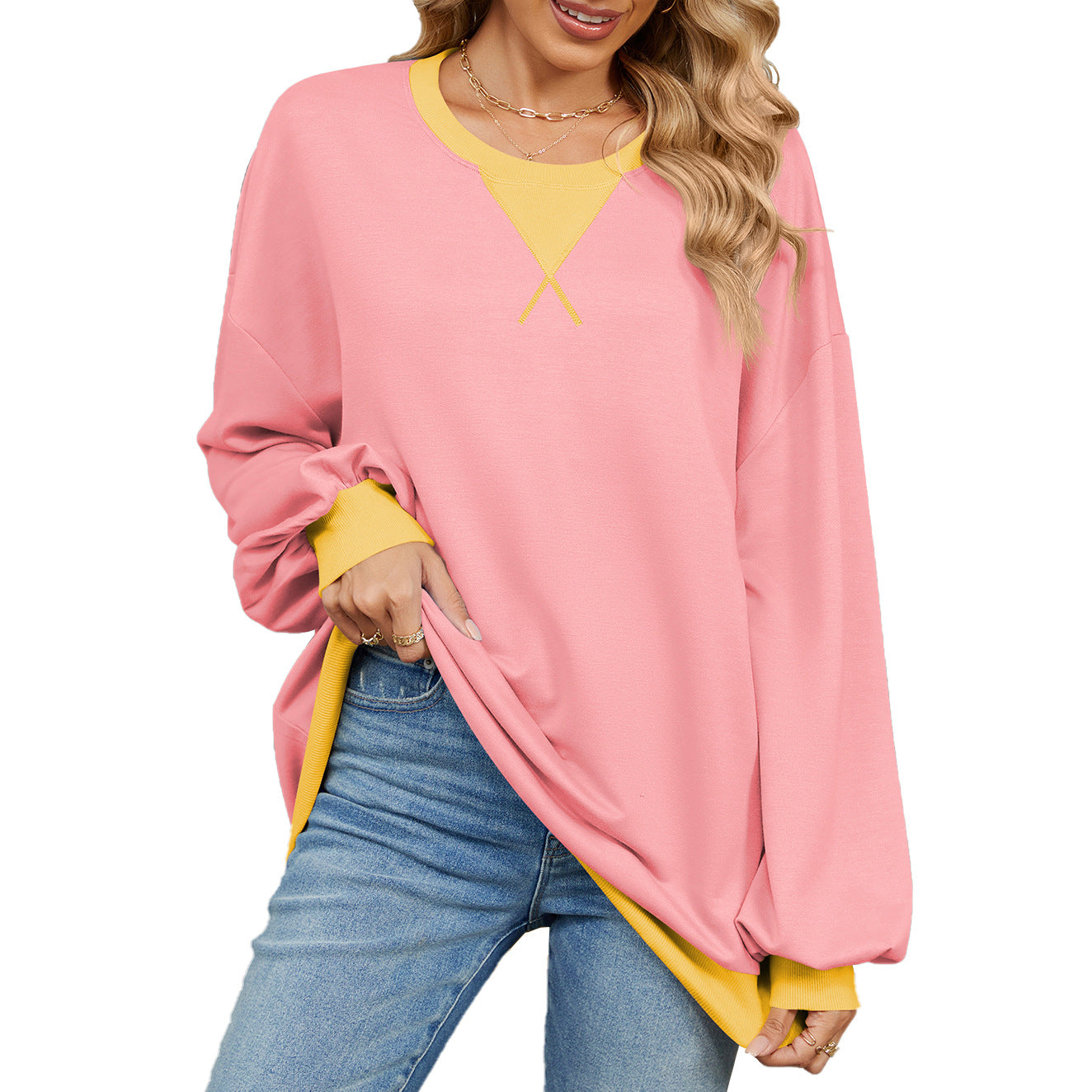 Contrasting Color Round Neck Loose Long-sleeved Sweater