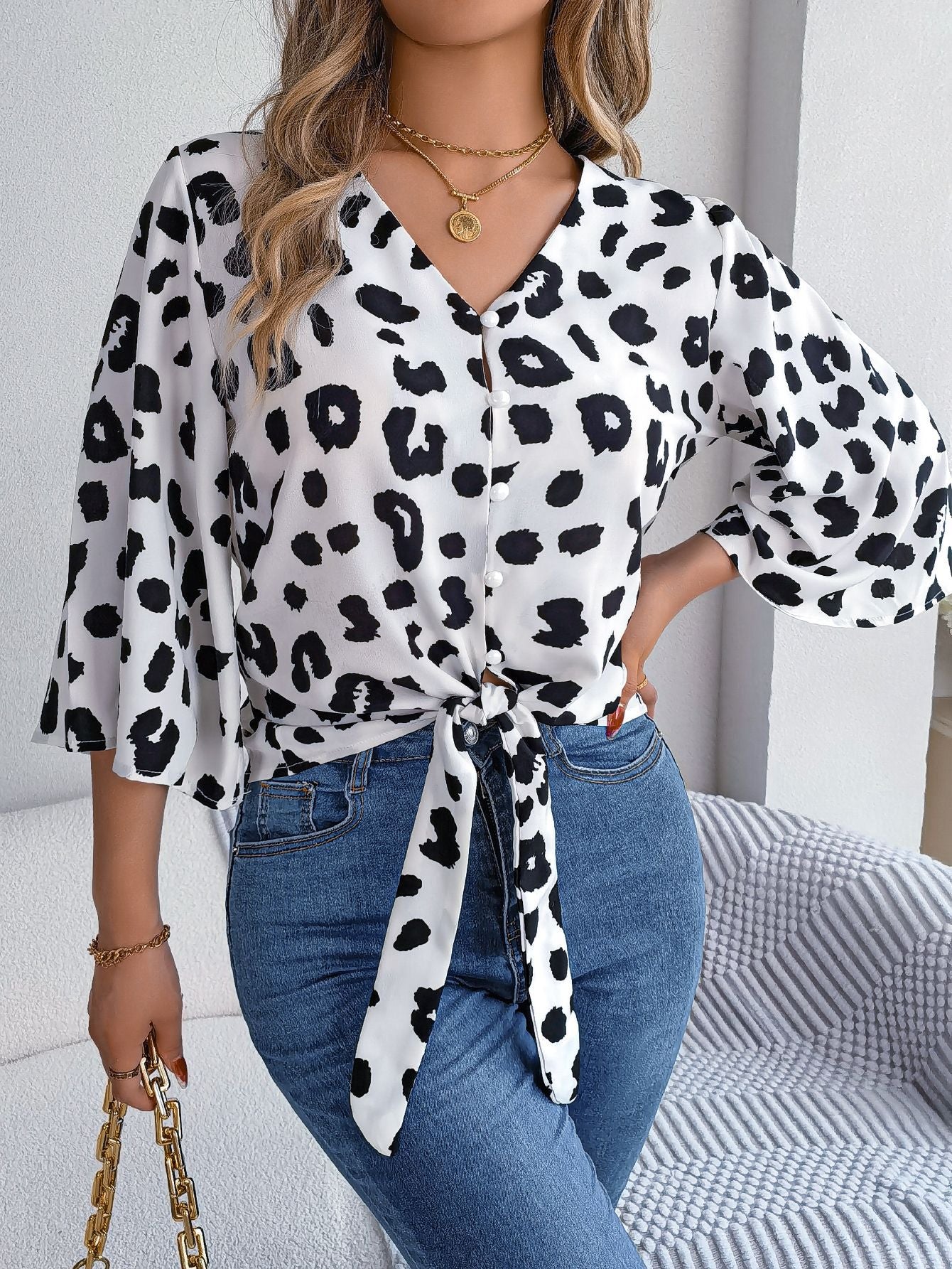 Casual Leopard Print Lace-Up Chiffon Shirt V Neck Tops