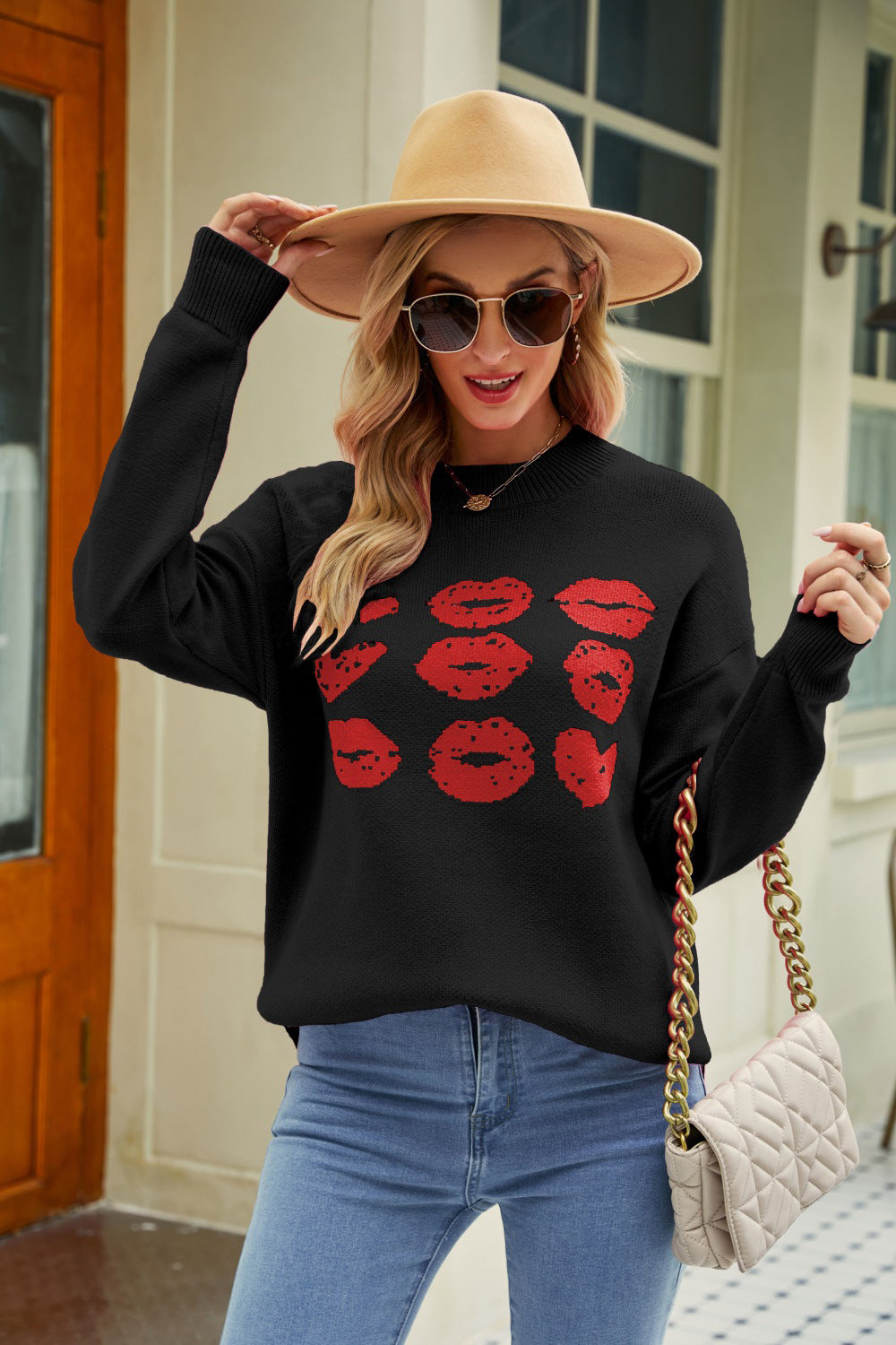 Valentine's Day Crew Neck Jacquard Heart Peach Pullover Knit Sweater