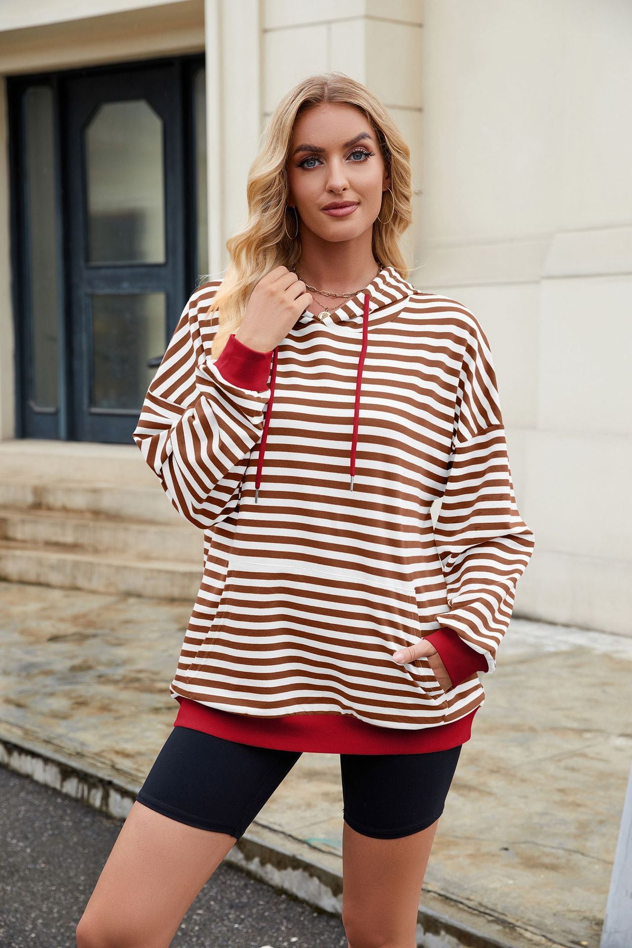 Striped Contrast Casual Hooded Loose Pocket Sweater