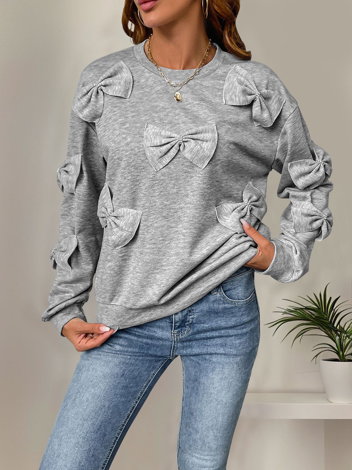 Casual Sweatshirt Crew Neck Bow Patchwork Gray Long Sleeve Tops