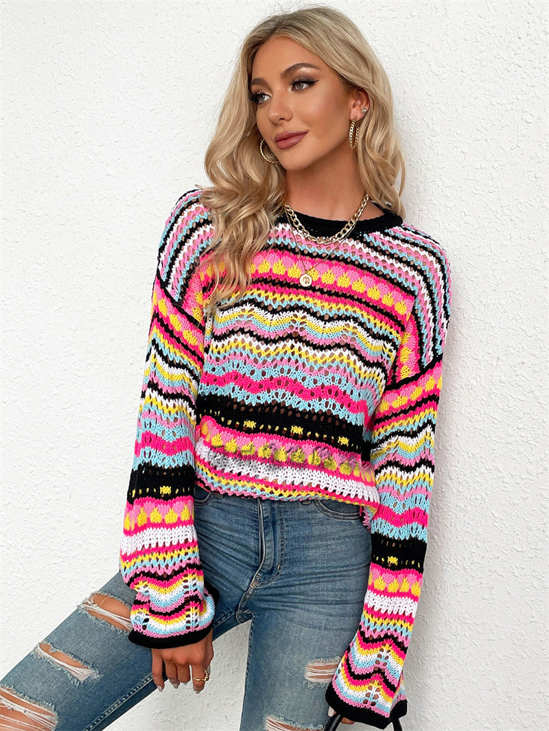 Splicing Knitted Sweater Loose Crew Neck Striped Sweater