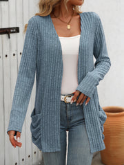 Solid Color Pit Strip Abraded Pocket Cardigan Long-sleeved Jacket