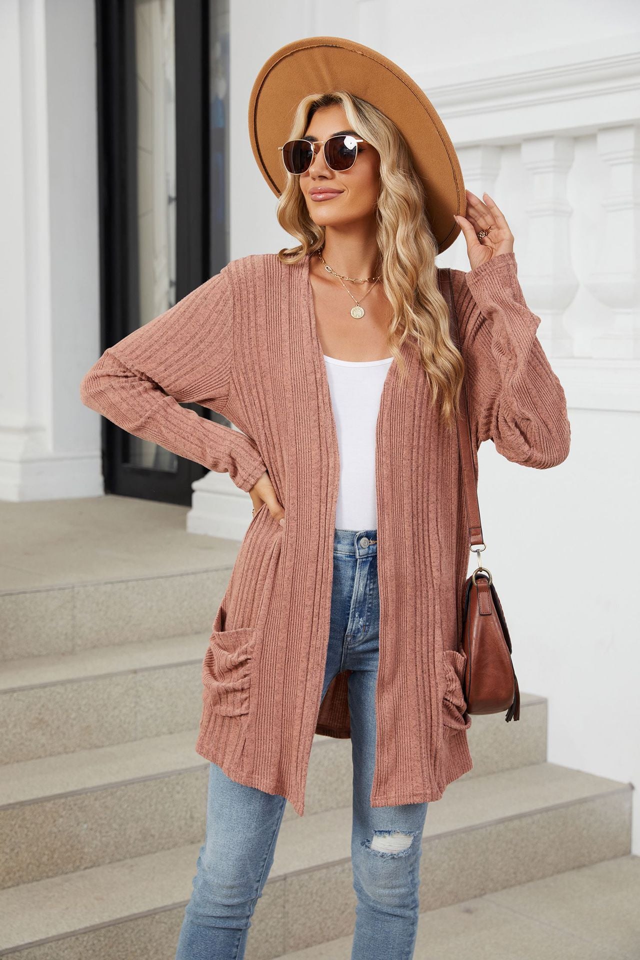 Solid Color Pit Strip Abraded Pocket Cardigan Long-sleeved Jacket