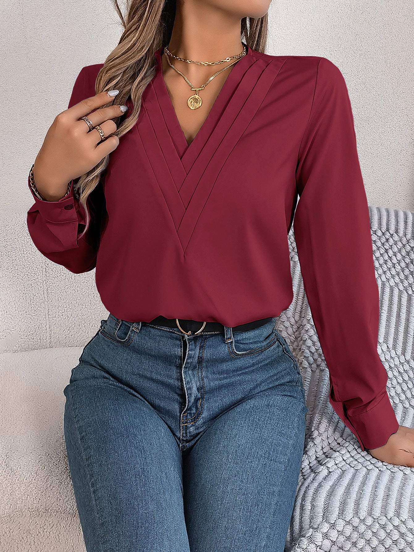 Long Sleeve Tops Pleated V Neck Dressy Casual Blouse Shirt Top