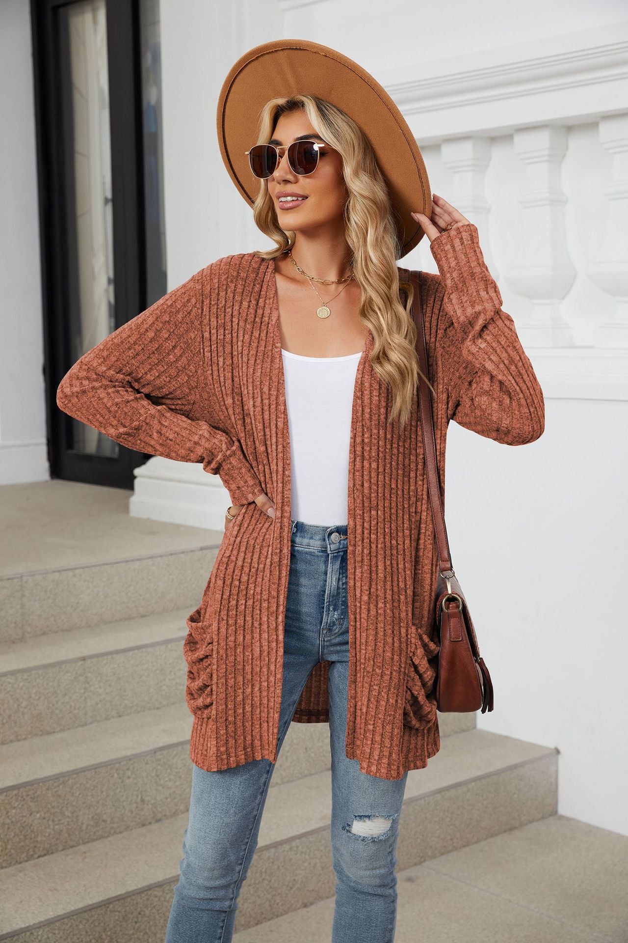 Solid Color Pocket Long-sleeved Bottom Cardigan Knitted Sweater