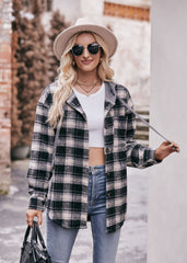 Women's Flannel Checked Jacket Hooded Casual Shirt