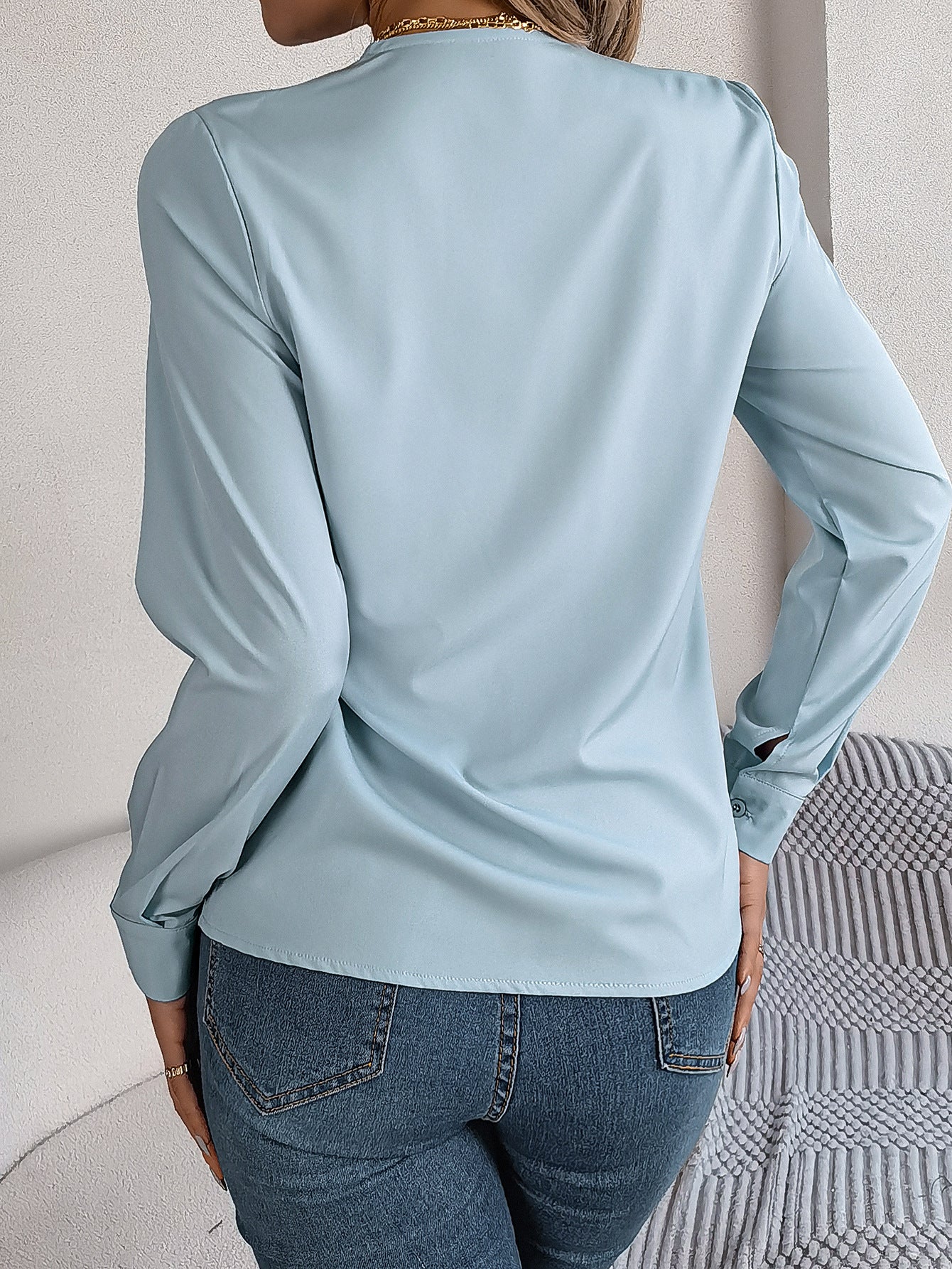 Long Sleeve Tops Pleated V Neck Dressy Casual Blouse Shirt Top