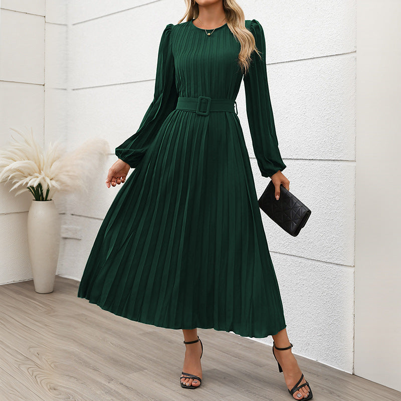 Pleated Maxi Dress High-Waisted A-Line Round Neck Elegant Gown