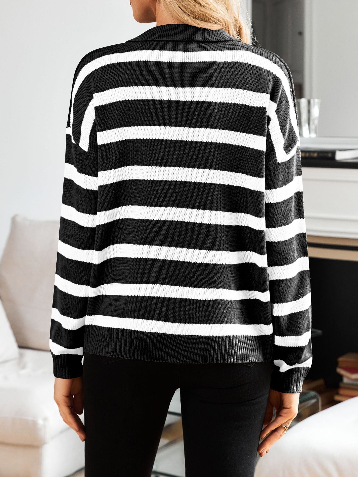 Women's Lapel Striped Contrasting Color Long-sleeved Casual Sweater