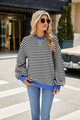 Striped Crew Neck Contrast Color Loose Long Sleeve Sweater