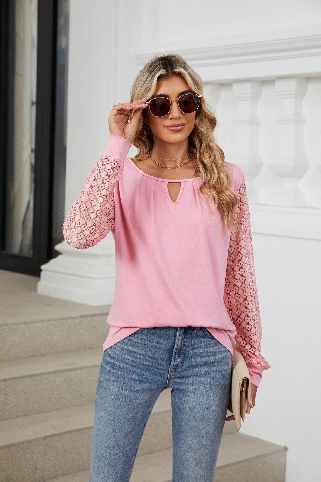 Solid Color Lace Splicing Loose Long-sleeved T-shirt Top