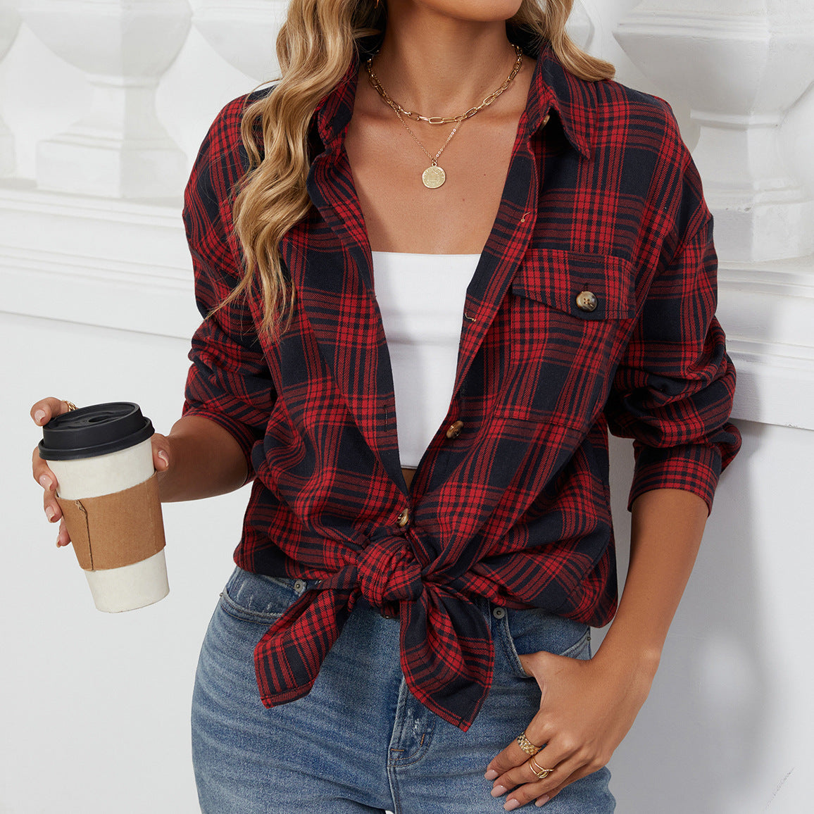 Women's Plaid Shirt Polished Long Sleeve Shirt