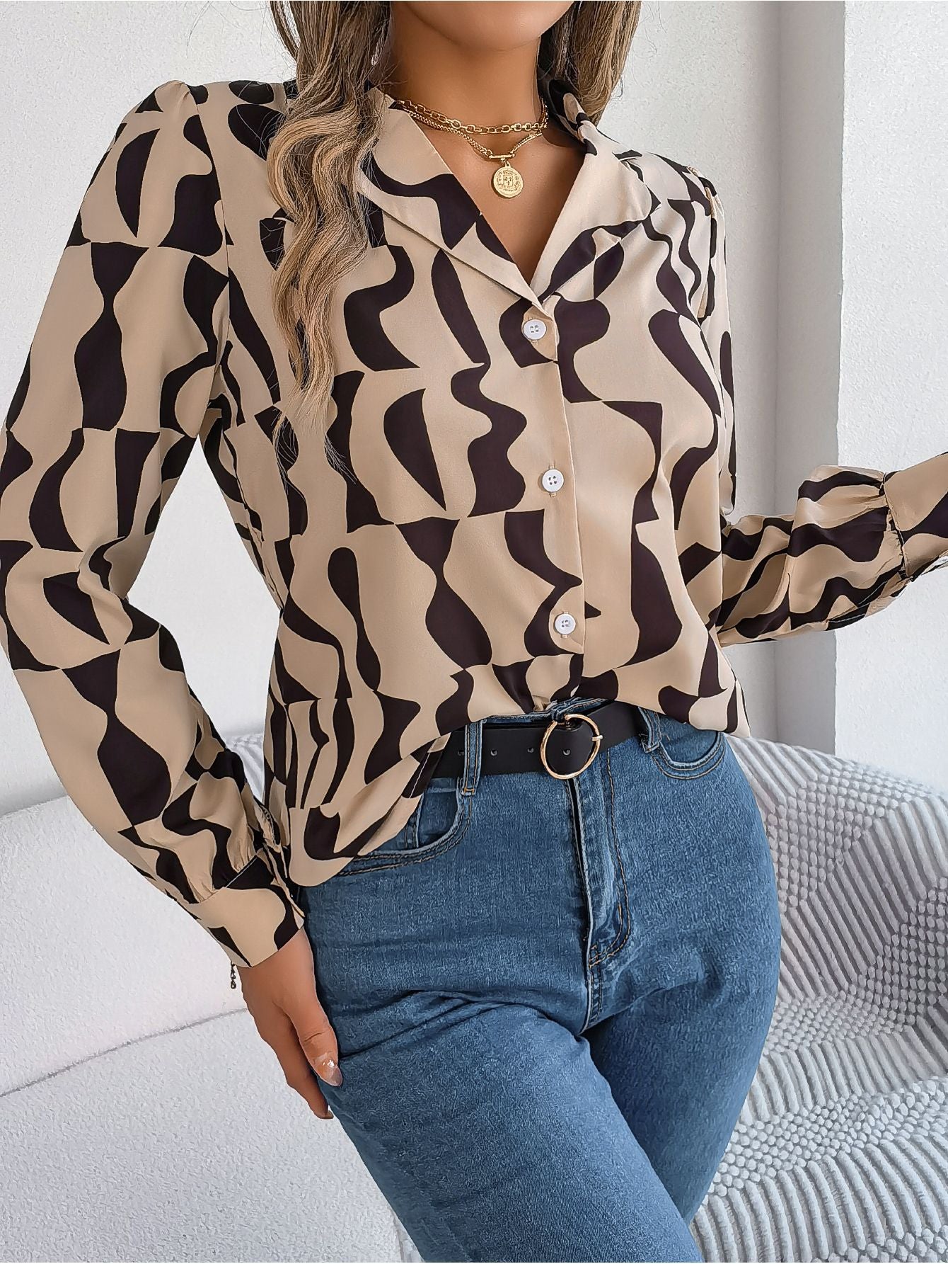 Casual Blouses Long Sleeve Button Down Shirt V Neck Lapel Tops