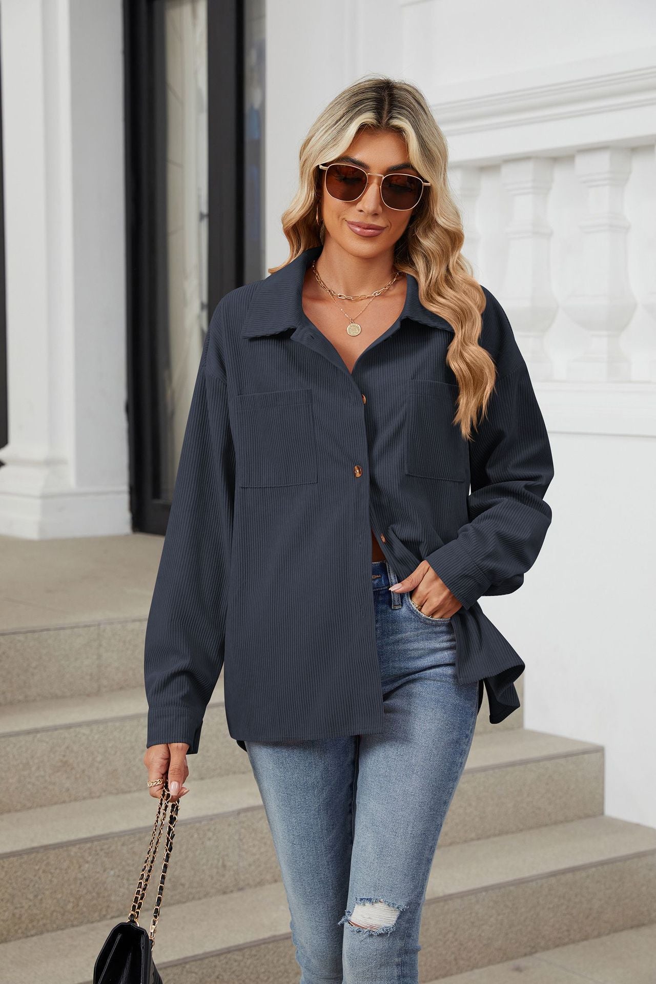 Women's Corduroy Lapel Long Sleeve Jacket