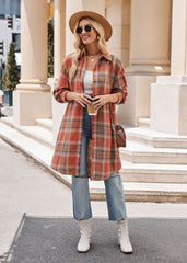 Women's Casual Fashion Loose Long Trench Coat Plaid Shirt