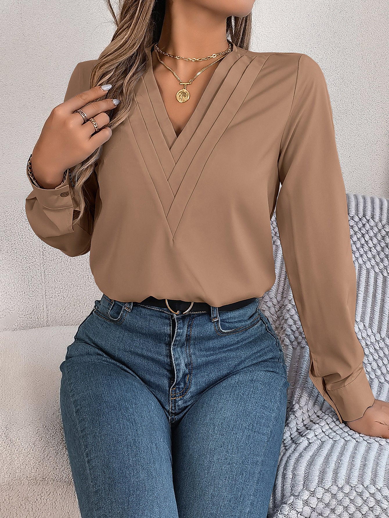 Long Sleeve Tops Pleated V Neck Dressy Casual Blouse Shirt Top