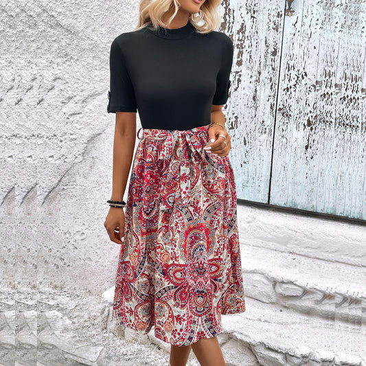 A-Skirt Solid Color Printed Patchwork Dress