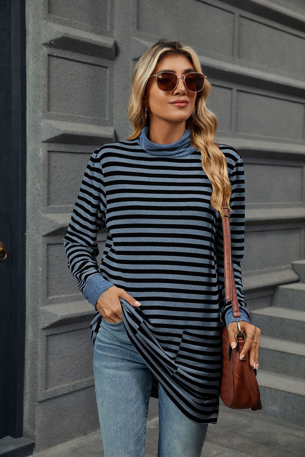 Stripes Contrast Loose Pockets High Neck Long Sleeves