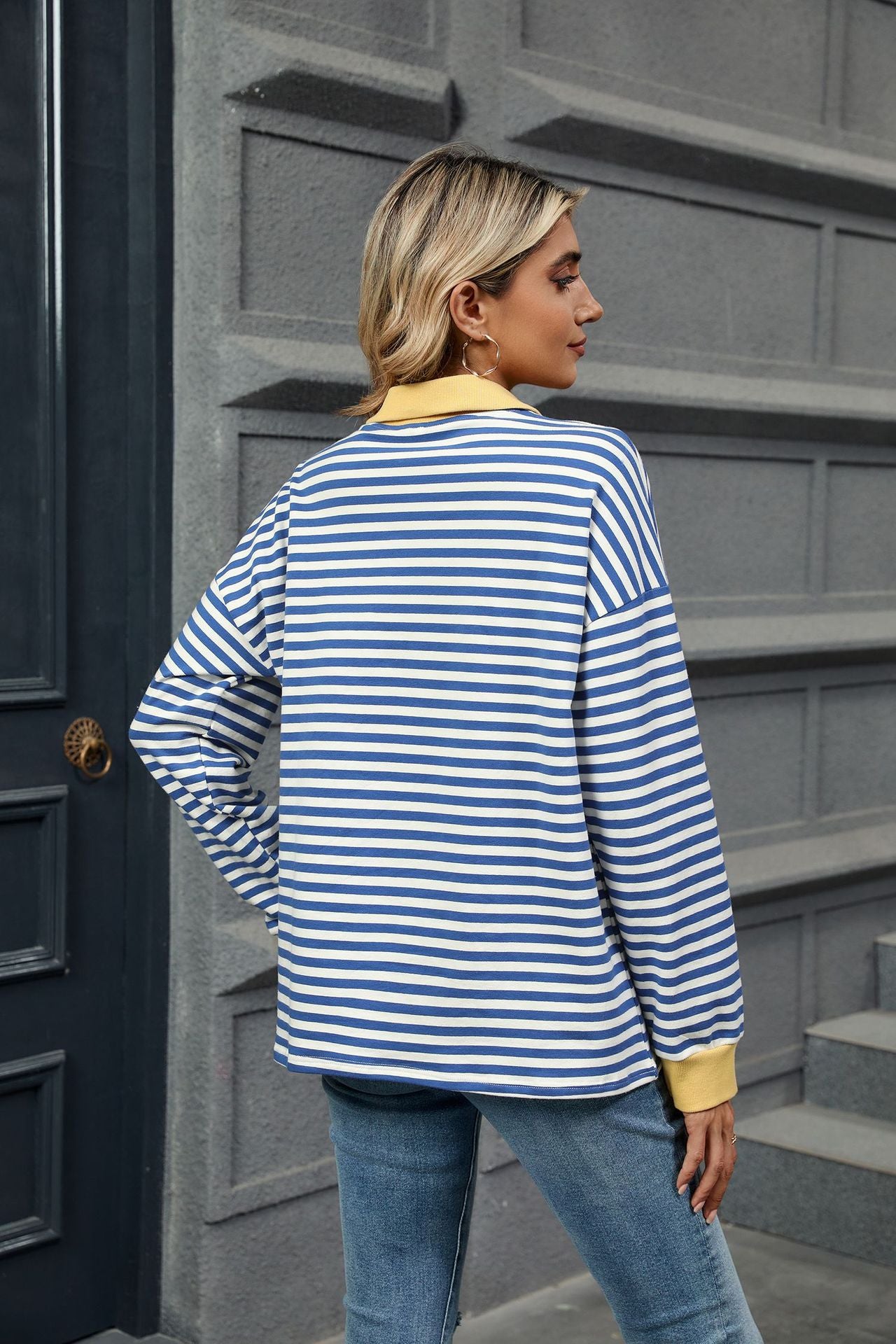 Lapel Loose Long Sleeve Striped Sweater