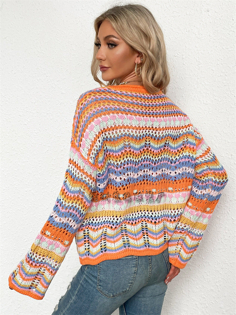 Splicing Knitted Sweater Loose Crew Neck Striped Sweater