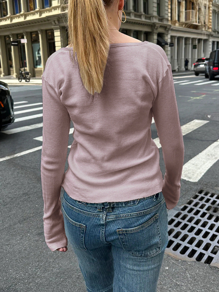 Long Sleeve Tops V-Neck Button Slim Fit Knit Top